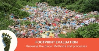 Dune covered in plants with sandy area almost completely covered with washed up plastic and general waste. Footprint Evaluation logo and 'Knowing the place - methods and processes' banner overlays the photo