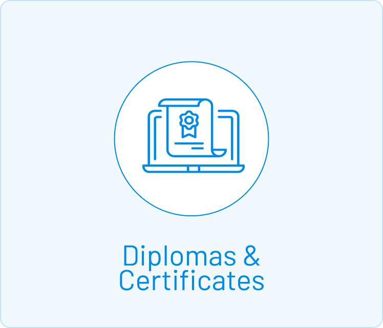 Simple image of a certificate in front of a laptop with the words 'Diplomas and Certificates' underneath